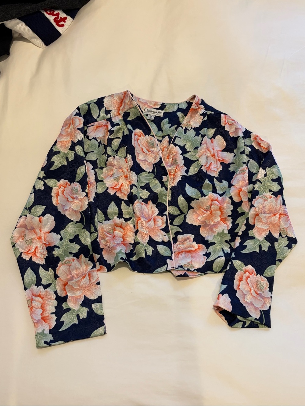 Vintage Dior Navy Cropped Floral Button-Front Top with Peach Blossoms